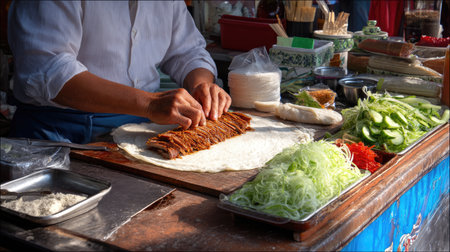 A chef skillfully prepares traditional street food, rolling fresh ingredients and savory sauce on a vibrant market stall, showcasing local culinary culture.の素材