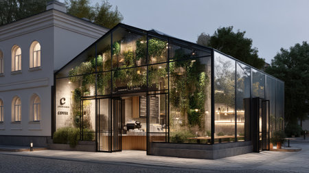A beautiful modern coffee shop featuring a glass facade surrounded by lush greenery, showcasing a cozy and inviting atmosphere in an urban setting.の素材