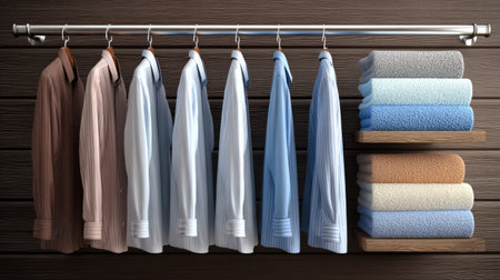 This image features a collection of neatly arranged dress shirts and soft towels on a stylish rod and shelf, perfect for home decor and fashion inspiration.の素材