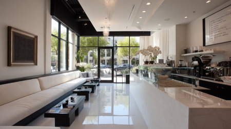 A stunning view of a modern cafe interior designed with minimalist elegance. Natural light fills the space, creating a warm and inviting atmosphere.の素材