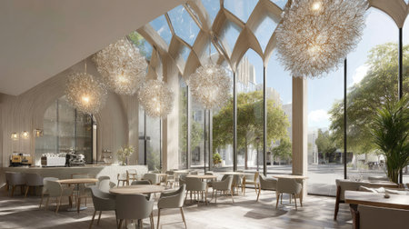 This image captures a stunning modern restaurant interior featuring expansive windows, elegant lighting, stylish furniture, and a fresh ambiance.の素材
