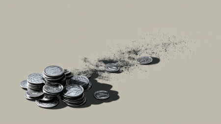This image showcases a pile of silver coins that appear to be scattering into dust, representing themes of loss and value. The neutral background enhances the contrast, symbolizing financial uncertainty and the transient nature of wealth.の素材