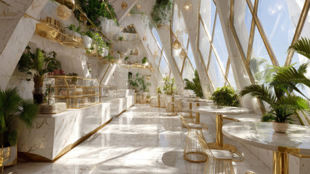 This elegant modern cafe interior features luxurious furnishings, abundant greenery, and panoramic windows, creating a bright and inviting atmosphere.の素材