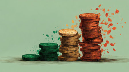 This artistic representation showcases stacked coins in green, gold, and copper, symbolizing financial growth. The colorful splashes add a creative flair, portraying the dynamic nature of investment and economy.の素材