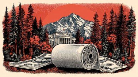 This artistic image features a prominent roll of money in a serene forest setting, complemented by majestic mountains and a historic building backdrop.の素材