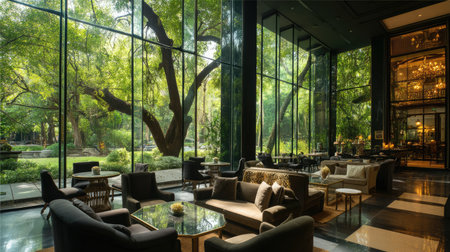 This stunning lounge features a modern design with expansive windows that showcase a beautiful garden view, creating a serene and inviting atmosphere.の素材