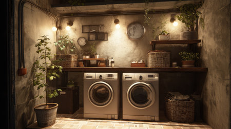 A beautifully designed laundry room featuring modern washing and drying appliances, warm lighting, and an array of green plants for a lively touch.の素材