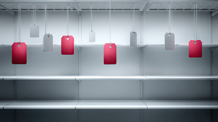 Minimalist retail display featuring empty shelves with colorful price tags hanging. Ideal for illustrations of modern shop interiors, marketing concepts, and organization.の素材