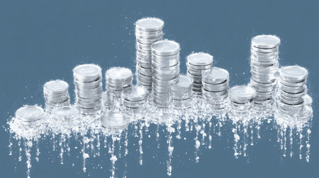A striking image of silver coins stacked in various heights, with splashes of water creating a refreshing and dynamic look, perfect for finance themes.の素材