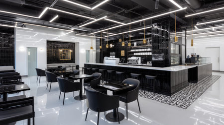 Explore a stylish cafe featuring a modern interior design with a chic black and white aesthetic, accented by sleek lighting and elegant furniture arrangements.の素材