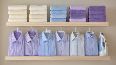 A well-organized shelf displays a variety of pastel towels stacked elegantly alongside neatly ironed shirts, symbolizing cleanliness and order in home decor.の素材