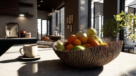 A beautifully designed modern kitchen showcasing a vibrant fruit bowl and a coffee cup on a marble countertop, bathed in natural sunlight, creating a warm and inviting atmosphere.の素材