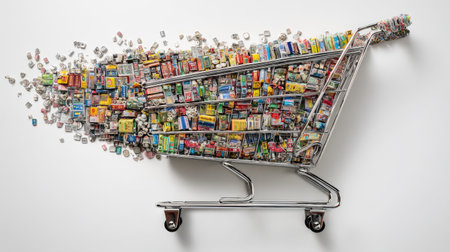 A visually striking image showcasing a shopping cart overflowing with a diverse array of colorful products, creating an eye-catching display.の素材