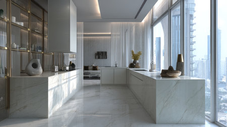 Explore a modern luxurious kitchen design featuring marble countertops, large windows with a breathtaking city view, and minimalist decor elements.の素材