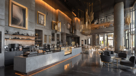 This image showcases a modern coffee shop with an elegant interior featuring stylish furniture, refined lighting, and a welcoming atmosphere.の素材