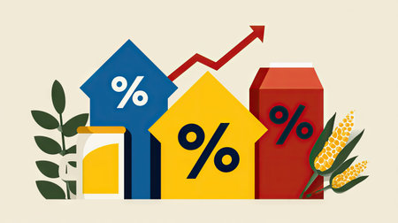 A vibrant illustration showcasing rising percentages through colorful graphs and beverages, symbolizing economic growth, market trends, and agricultural success.の素材