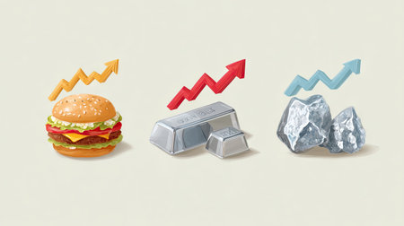 This illustration features a burger, silver bars, and rocks alongside upward arrows, symbolizing investment growth and market trends, perfect for finance or food related projects.の素材