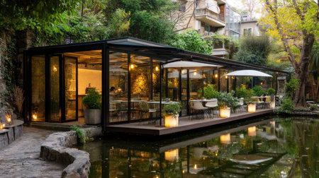 A tranquil modern cafe nestled in lush greenery features large glass walls, comfortable seating, and inviting lanterns, perfect for peaceful dining.の素材