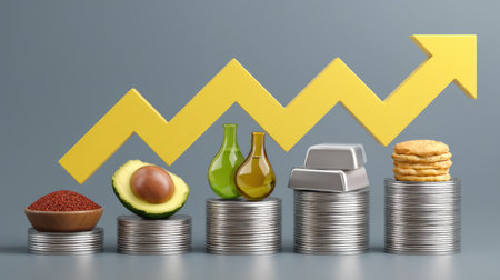 A visually striking composition featuring an upward growth chart alongside healthy foods on metal discs, symbolizing the rise in nutritional investment and value.の素材