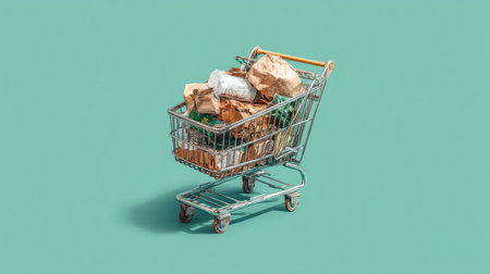 This image showcases a shopping cart filled with various types of recyclable waste, set against a vibrant teal background, emphasizing environmental responsibility.の素材