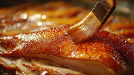 A close-up view of a chef brushing a delectable glaze on a succulent fish fillet, showcasing culinary skills in food preparation and presentation.の素材