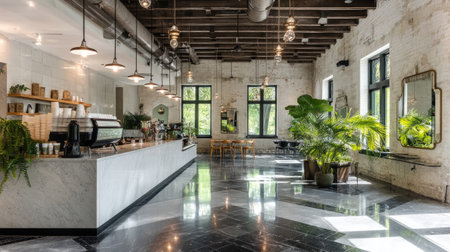 This image showcases a beautifully designed modern cafe interior featuring natural light, lush plants, and a sleek marble countertop, ideal for relaxation.の素材