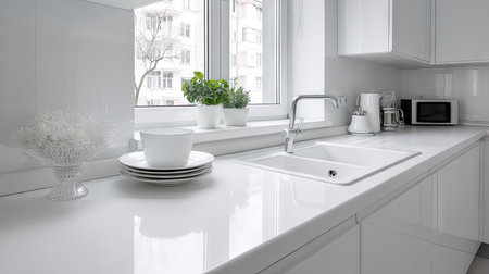 A modern kitchen featuring sleek white cabinets and stunning natural light, ideal for showcasing minimalist design and creating a serene atmosphere.の素材