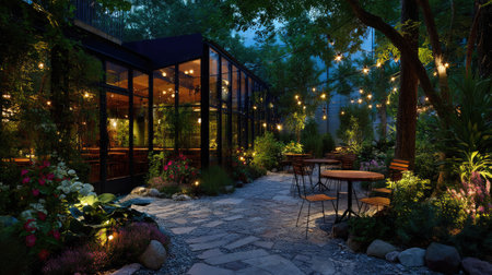 This enchanting outdoor dining area features charming string lights and vibrant flowers, creating a serene atmosphere perfect for evening gatherings.の素材