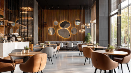 This image showcases a modern cafe interior that blends elegant design elements with a cozy atmosphere, perfect for dining and socializing experiences.の素材