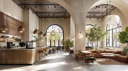 Bright and inviting cafe interior showcases modern design with wooden elements, extensive seating options, and ample greenery, perfect for relaxation.の素材