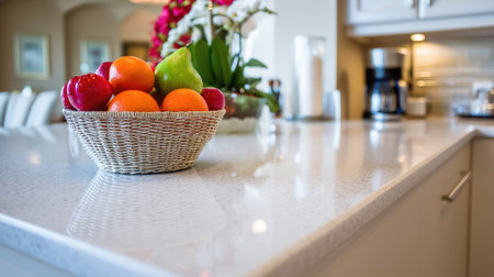 A vibrant bowl of fresh fruits sits gracefully on a stylish kitchen counter. The modern design and natural light create an inviting atmosphere ideal for healthy living.の素材