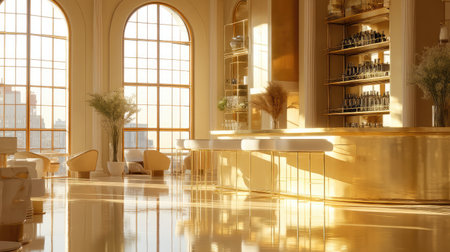 This stunning bar interior captures elegance and modernity with golden accents, large windows, and soft sunlight creating a warm atmosphere.の素材