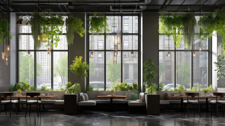 A vibrant urban restaurant interior featuring large windows, abundant greenery, and modern dの素材