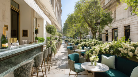 This image showcases a stylish outdoor terrace featuring plush seating, vibrant greenery, and a welcoming atmosphere, perfect for social gatherings.の素材