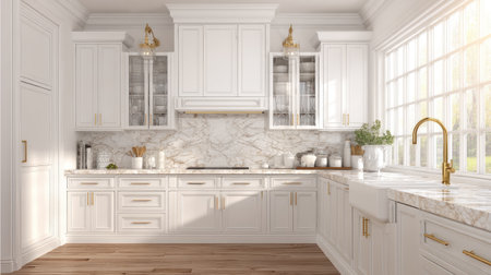 This image showcases an elegant modern kitchen featuring white cabinets and stunning marble countertops. Natural light floods in, creating a bright and inviting atmosphere perfect for culinary adventures.の素材