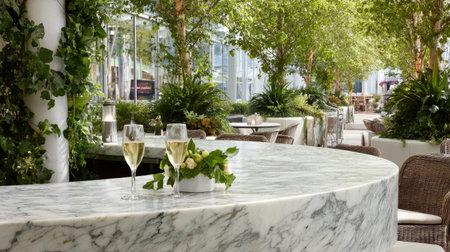 This image showcases an elegant outdoor bar area featuring a luxurious marble countertop surrounded by lush greenery. Ideal for relaxation and socializing.の素材