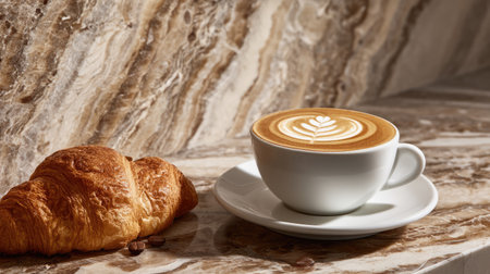 A warm cup of coffee featuring intricate latte art sits beside a flaky croissant on a luxurious marble table. Ideal for breakfast moments.の素材