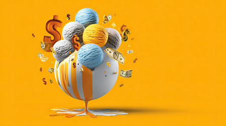 This vibrant illustration features colorful ice cream cones in a bowl with melting effects, surrounded by money and dollar signs, symbolizing indulgence and prosperity.の素材