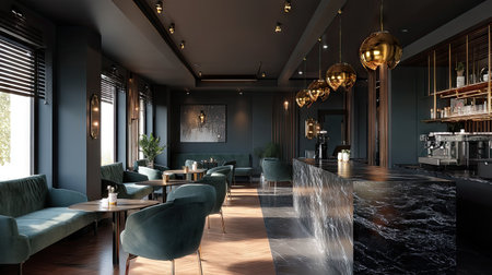 A beautifully designed modern cafe interior showcasing elegant lighting, stylish furniture, and a relaxing atmosphere for social gatherings.の素材