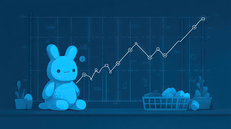 Charming illustration featuring a cute toy bunny on a shelf beside a graph representing growth and progress. Ideal for showcasing creativity in design concepts.の素材