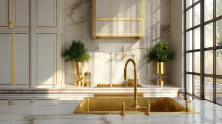 This stunning kitchen design showcases luxurious gold fixtures with marble countertops, featuring natural light and elegant greenery that enhance the overall aesthetic.の素材