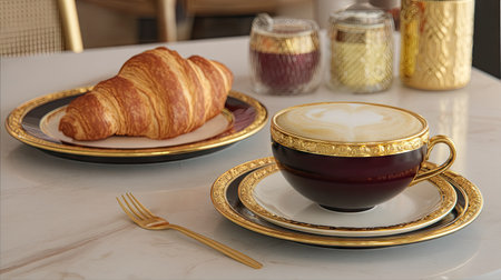 A stunning arrangement of a rich coffee cup with heart design and a flaky croissant, set on elegant golden-trimmed china, perfect for a luxurious breakfast experience.の素材