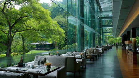 A sophisticated restaurant interior showcasing modern design elements with expansive glass walls and lush greenery, creating a calming and inviting atmosphere.の素材