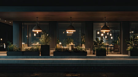 A beautifully designed restaurant exterior featuring cozy lighting and lush greenery by the water. This serene atmosphere invites guests to dine in comfort.の素材