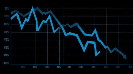 A visually striking blue graph exhibiting a consistent decline in trends, marked with percentage indicators, against a contrasting dark background for clear visibility.の素材