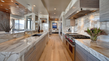 This stunning modern kitchen features exquisite marble countertops and trendy wood cabinetry, offering a sophisticated and inviting atmosphere for cooking and entertaining.の素材