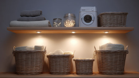 Explore a serene and organized bathroom setting featuring neatly arranged towels, decorative lights, and stylish baskets, creating a warm atmosphere.の素材