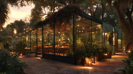 This image showcases a serene greenhouse dining experience set in lush nature, adorned with soft lights creating a cozy ambiance. Perfect for an outdoor retreat.の素材