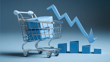 This image features a shopping cart filled with blue blocks, alongside a graph showing a downward trend. It symbolizes economic decline and consumer behavior analysis.の素材