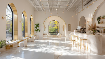This image showcases the elegant and modern interior of a bright cafの素材